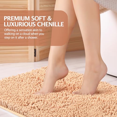 Chenille Bathroom Rugs Set 2 Piece, Absorbent Bath Rugs, Non-Slip Bath Mats, Machine Washable Rugs for Bathroom Floor, Tub and Shower, Beige (20 × 30 Plus 17 ×24 - Inch) - color: Beige