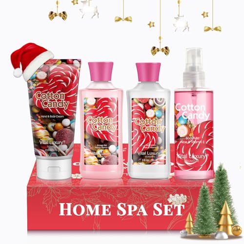 Bath and Body Gift Set Cotton Candy, 3 Fl Oz, 4-Piece Spa Collection with Body Lotion, Shower Gel, Body Cream, Travel Size Spa Set, Body Care kit for Birthday Mother's Day Chirstmas Gifts
