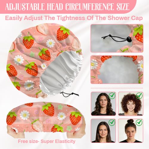 Strawberries Reusable Shower Cap Cute Fruit Double Layer Waterproof Shower Caps Large Elastic Hair Cover Adjustable Hair - Drying Caps for Woman Bath SPA Travel One Size Fits Most - color: Strawberries