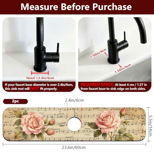 2 Pcs Kitchen Sink Splash Guard Faucet Mat Retro Sheet Music Flowers Pattern Faucet Mat for Sinks Flower Absorbing Drying Mats for Kitchen Bathroom - color: Music Flowers Pattern