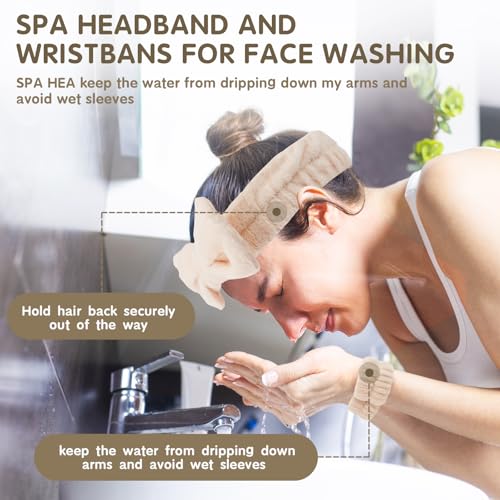WSYUB Spa Headband and Wristband Set, Face Wash Headband, Makeup Skincare Headbands Wrist Bands for Washing Face,Easter Basket Stuffers,6pcs - color: Khaki and Tooth Pink