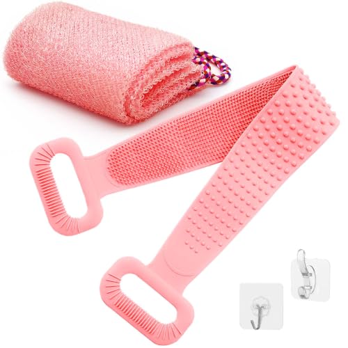 Manmihealth Silicone Back Scrubber for Shower & African Net Sponge Net Set, 36'' Dual-Sided Back Washer & African Long Bath Sponge, Extendable Long Silicone Body Brush (Pink+Pink) - color: Pink+pink