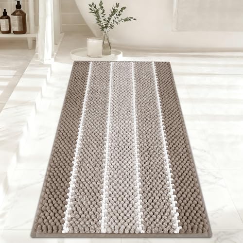 ArtyCozy Bathroom Rug, Extra Thick Absorbent Chenille Striped Pattern Shaggy Bath Mat Non Slip, Soft Plush Bath Floor Mats, Machine Washable, Brown, 24"x60" - color: Brown, size: 24" × 60"