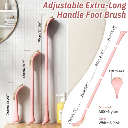 New Foot Brush with Extra-Long Handle, 3-in-1 Foot Scrubber for Wet or Dry Brushing, Adjustable 10.2’’- 27.5’’Foot Scrub Brush for Senior, Pregnant, Disabled, or Injured, Gift-Box Packed(Pink) - color: Pink