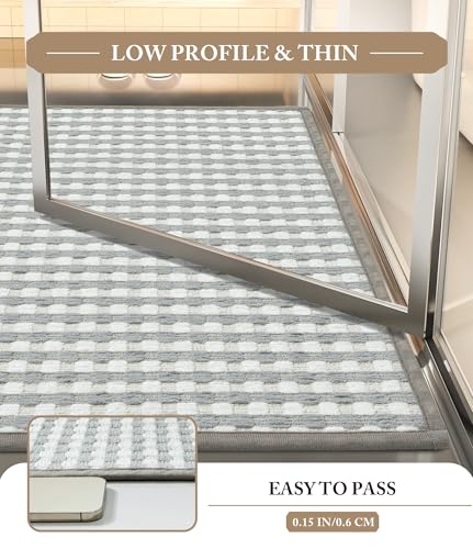 YIHOUSE Light Grey Bathroom Rugs Set 3 Pieces, Gray Checkered Absorbent Bath Mat Sets Quick Dry, Woven Soft Bath Rugs Non Slip, Thin Washable Rugs for Bathroom - color: Light Grey, size: 3 Pieces
