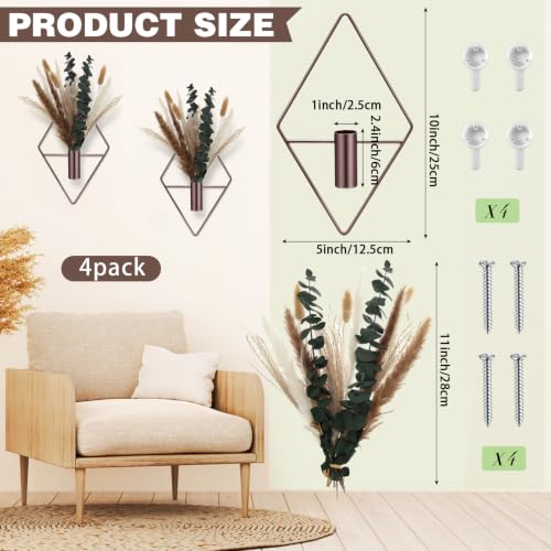 Jexine 4 Pcs Hanging Planters with Artificial Pampas Metal Hanging Vase Indoor Plants Holder Modern Geometric Boho Bathroom Wall Decor for Living Room Home Office, Bronze - color: Bronze, size: Pampas