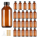4oz (24 Pack) Amber Boston Round Glass Bottles with Black Caps-Includes Funnel & Stickers,Brown Airtight Refillable Containers for Essential Oils,Tinctures,Vanilla Extract, Home Brewing,DIY Storage