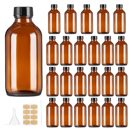 4oz (24 Pack) Amber Boston Round Glass Bottles with Black Caps-Includes Funnel & Stickers,Brown Airtight Refillable Containers for Essential Oils,Tinctures,Vanilla Extract, Home Brewing,DIY Storage