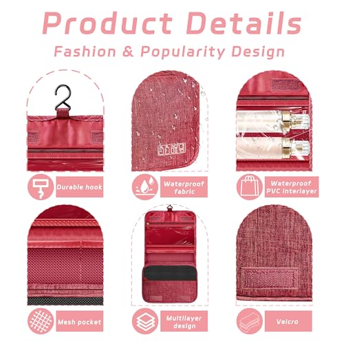 Toiletry Bag Travel Bag with Hanging Hook, Waterproof Capacity Hanging Multifunctional Makeup Bag for Toiletries, Portable Cosmetic Bag Travel Organizer for Women and Men (Red) - color: Red