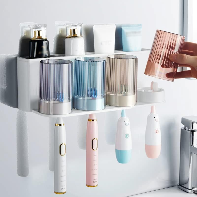 So Nice Toothbrush Holders for bathrooms Accessories Wall Mounted,Electric Shower Toothbrush Holder White Plastic toothbrushes Holder Set for Kids with 4 Cups - color: 4cups