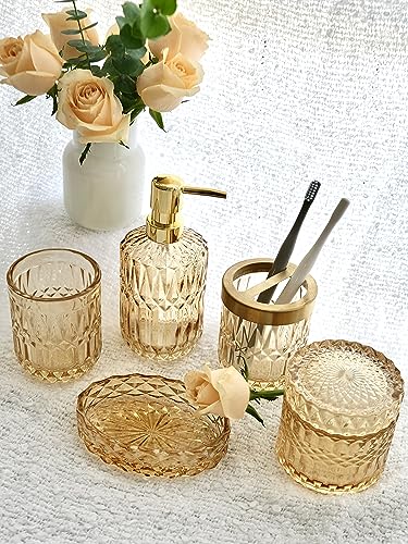 LaMarriti Clear Gold Bathroom Accessorries Set, 5Pcs Glass Bathroom Set, Soap Dispenser and Toothbrush Holder Set, Soap Dish, Tumbler, Q-Tips Holder Set for Modern Bathroom Sink, Cute Bathroom Decor - style: Clear Gold