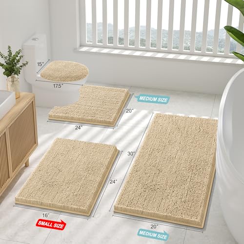 Smiry Bathroom Rugs Sets 2 Piece, Soft Absorbent Chenille Machine Washable Non Slip Shaggy Bath Rug Set for Tub, Shower, and Floor (36x24+30x20, Beige) - color: Beige, size: 36"x24"+30"x20"