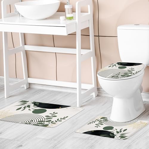 Riyidecor Boho Dark Green 4Pcs Bathroom Shower Curtain Sets Mid Century Abstract Modern Minimalist Bathroom Decor Set with Rugs and Accessories Leaf Toilet Lid Rug, Contour and Bath Mat with 12 Hooks - color: 04dark Green