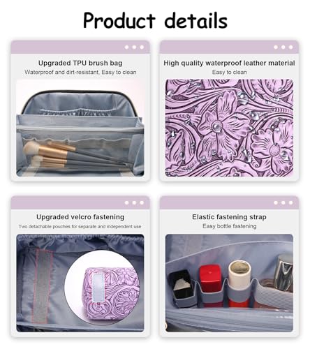 BOYATU Travel Makeup Bags Cosmetic Organizer Bag: 3 Pcs Set Large Capacity Floral Make up Bag with Compartments - Waterproof Leather Toiletry Bags with Handle for Women (21-Purple) - color: 21-Purple