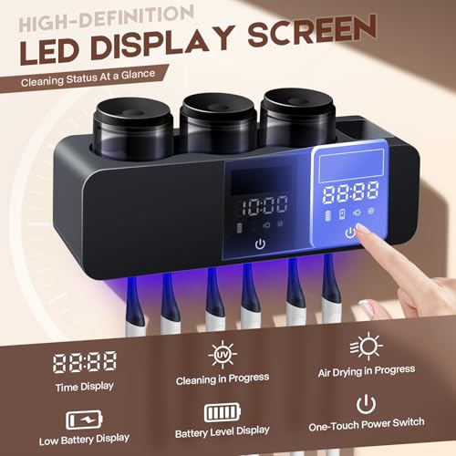 LXIANGN 3 in 1 Toothbrush Cleaner Holders for Bathrooms,Wall Mounted Toothbrush Holders with Drying and Cleaning,Smart LED Screen,6 Toothbrush Slots,3 Cups and Toothpaste Dispenser (Deep Grey) - color: Deep Grey