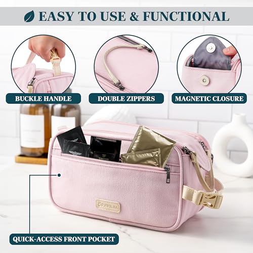 PAVILIA Toiletry Bag for Women, Canvas Dopp Kit, Travel Essentials Organizer, Water-Resistant Shaving, Grooming Kit, Large Hanging Bathroom Accessories Cosmetic Bag, Pink - color: Pink, size: Large (10.5x 5.5x 6)