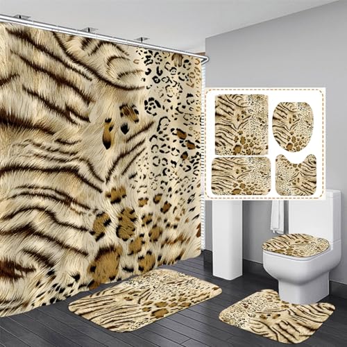 4 Piece Tiger and Leopard Print Shower Curtain Set with Rugs, Exotic Animal Skin Texture Art, Luxury Safari Aesthetic Bathroom Decor, Waterproof Fabric with Non-Slip Mats & Toilet Lid Cover - color: Beige