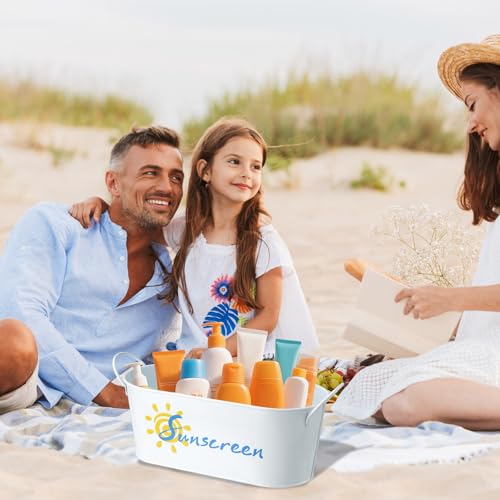 2 Pack Metal Sunscreen Pool Storage Bucket Poolside Basket Box with Handle Above Ground Pool Bin for Swimming Camping Beach Indoor Outdoor Sunscreen Sunblock Sunglasses Accessories(White)