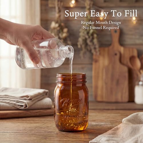 Amolliar Plastic Mason Jar Soap Dispenser with Pump Lid,16OZ Refillable Hand Soap Dispenser Set with Cute Lables - Farmhouse Decor for Kitchen Bathroom, Liquid Soap, Dish Soap, Lotion (2 Pack, Amber) - color: Amber Jar With Silver Pump