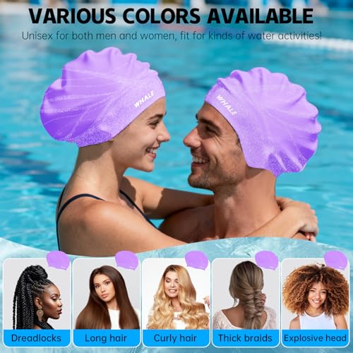 WHALE Extra Large Swim Cap Designed for Men and Women with Thick, Long Hair, Hair Extensions Or Afro-Textured Hair Long-Hair Swim Cap Highly Waterproof to Keep Hair Dry - color: Light purple