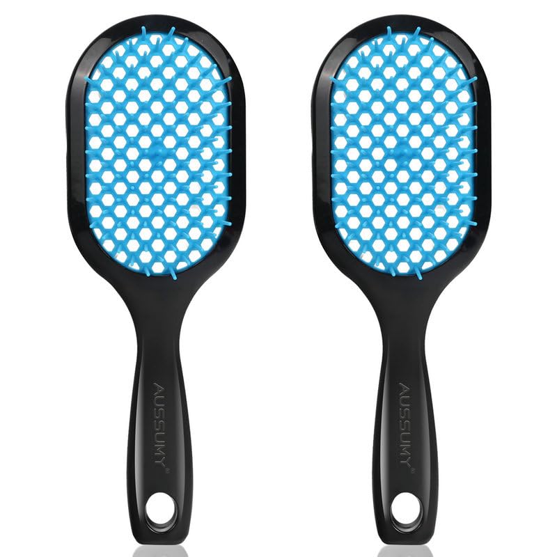 Vented Detangling Hair Brush - 2 Pack Detangler Hairbrush for Effortless Tangle Removal - Ultra-Soft Bristles -For Natural Curly Straight Wet Dry Damaged Hair for Women Men Kids - color: Blue+Blue