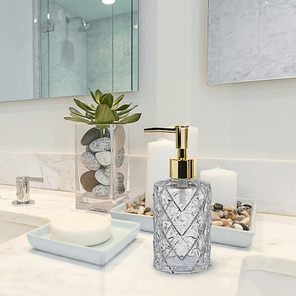 Crystal Glass Soap Dispenser, 330ml/11oz. Clear Glass Lotion Soap Dispenser with Gold Pump, Crystal Design Reusable Hand Soap Dispenser for Kitchen Dish Soap, Shower Gel, Shampoo(Gold Plating Pump) - color: White&gold