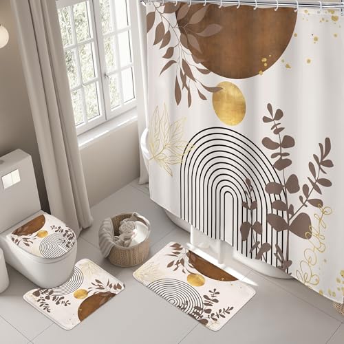 Riyidecor Brown Boho Mid Century 4Pcs Bathroom Shower Curtain Sets Modern Abstract Gold Bathroom Decor Set with Rugs and Accessories Minimalist Toilet Lid Rug, Contour and Bath Mat with 12 Hooks - color: 05brown