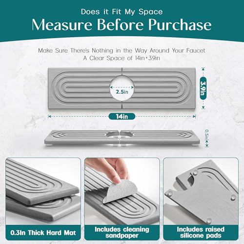 eormoe Diatomite Kitchen Faucet Mat - 14Inch Water Absorbing Stone Tray for Sink, Stone Fast-Drying Faucet Mat for Kitchen Counter Sink Accessories (Grey, 14'' x 3.9'') - color: Gray, size: 14" x 3.9"