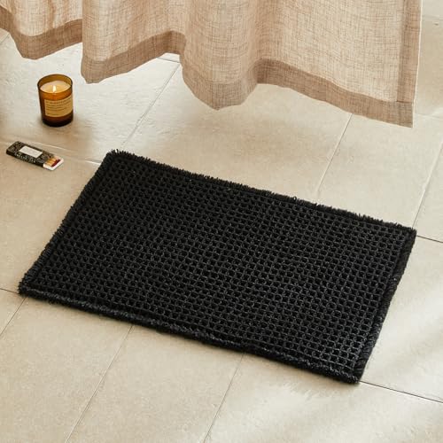 TYUU Black Bathroom Rug, Waffle Bath Mat Non Slip Washable Super Absorbent Quick Dry Boho Farmhouse Bathroom Decor, 24"x16" Black - color: Black, size: 1'4" X 2' (Rectangular)