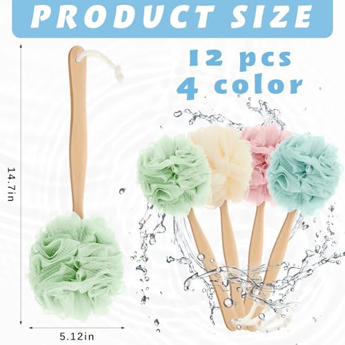 Tessco for you 12 Pcs Large Loofah on a Stick Shower Loofah with Long Handle Back Scrubber for Shower PE Body Bath Sponge Soft Spa Mesh Brush Wash Exfoliating Luffas for Men Women (Light Color) - color: Light Color
