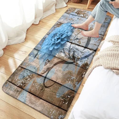 Farmhouse Floral Flower Bath Mat, Dahlia Rustic Wooden Plank Country Barn Wood Blue Flower Non-Slip Flannel Soft Doormat Floor Entryways Outdoor Indoor Front Door Mat, (16X48) - color: Blue, size: 1'4" x 4' (Rectangular)