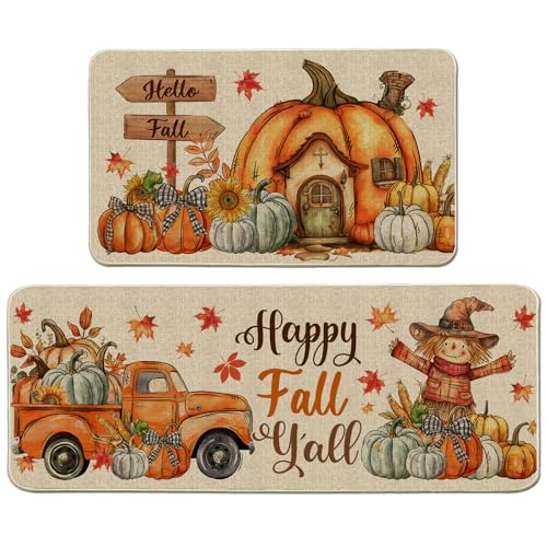 Fall Kitchen Mats, Farmhouse Truck Fall Kitchen Decor for Floor - Pumpkins House Kitchen Rugs Set of 2 - 17"x27"+17"x47"