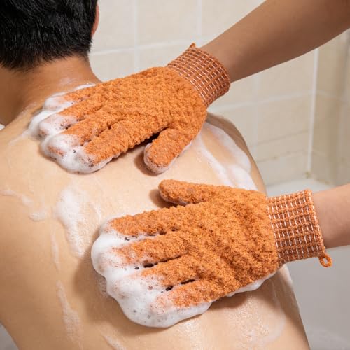 Exfoliating Bath Gloves 2 Pairs - Heavy Texture Body Scrub Gloves for Shower, Spa, Massage and Body Scrubs, Dead Skin Remover, Washing Gloves with Hanging Loop(Orange) - color: Orange