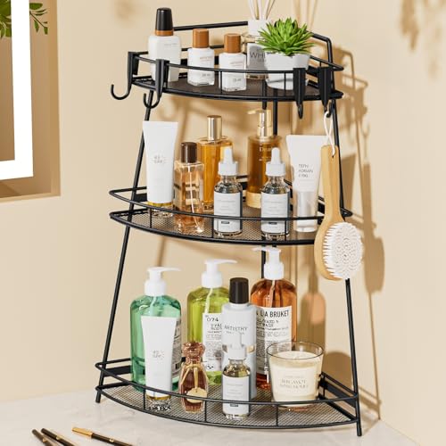 VITVITI 3 Tier Corner Bathroom Counter Organizer, Metal Bathroom Countertop Organizer Shelf Storage, Bath Room Sink Makeup Organizers for Vanity Skincare with Hooks, Black - color: 3 Tier Black