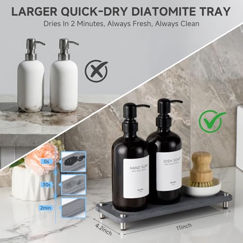 2 Pack Kitchen Soap Dispenser Set - 16oz Black Glass Dish and Hand Soap Dispenser with Stainless Steel Pump, Instant Dry Tray, Dish Brush & Holder, Refillable Countertop Sink Decor for Kitchen & Bath - color: Black
