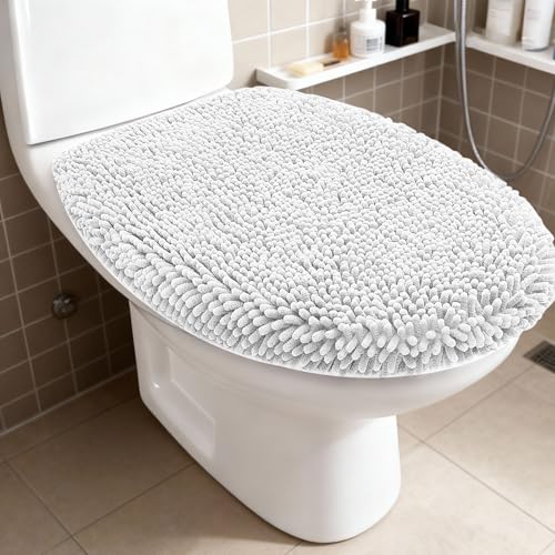 RUN HELIX Bathroom Toilet Lid Cover,Chenille Machine Washable Seat Covers, 17.5x15, Stays in Place Rubber Backing, Fits Most Round, Elongated and Oblong Lids, Accessories Decor,White - color: White, size: Lid 17.5"x15"