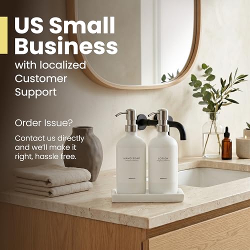 MaisoNovo Soap and Lotion Dispenser Set - Bathroom Soap Dispenser Set with White Soap Dispenser, Silver Pumps & Ceramic Tray - color: White Bottles/ Silver Pumps/ White Ceramic Tray