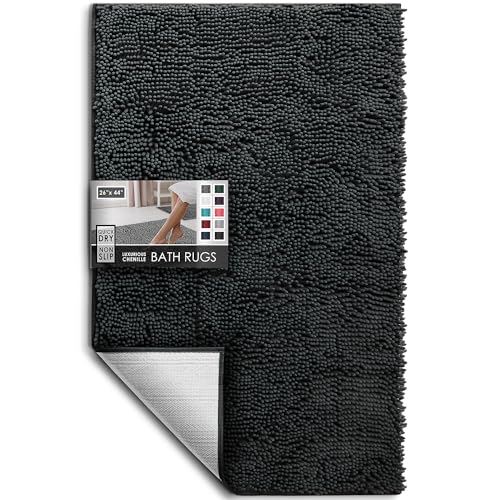 Hearth & Harbor Bathroom Rugs, Chenille Bath Mat - Machine Washable Bath Mats for Bathroom Non-Slip Backing Rubber, Quick Dry Bathroom Mat - Black Bath Rug, 26x44 - color: Black, style: 26 x 44