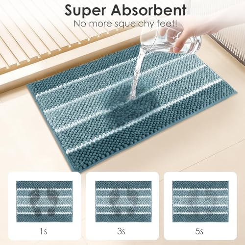 ArtyCozy Bathroom Rug, Extra Thick Absorbent Chenille Striped Pattern Shaggy Bath Mat Non Slip, Soft Plush Bath Floor Mats, Machine Washable, Blue, 17"x47" - color: Blue, size: 17" × 47"