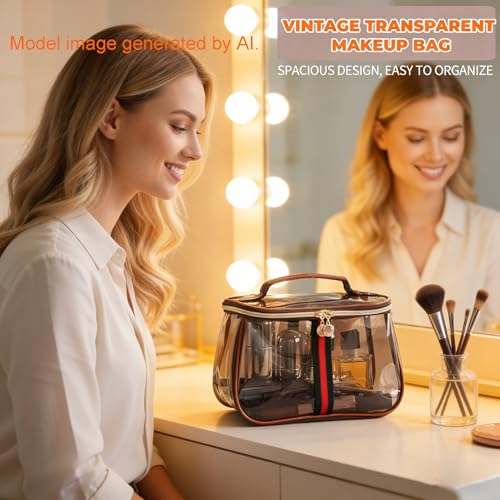 New Retro Vintage Vanity Bag - Clear Makeup Organizer with Handle, Waterproof Transparent Toiletry Bag, Large Capacity Makeup Storage - Case for Women for Travel & Home (Coffee) - color: Coffee
