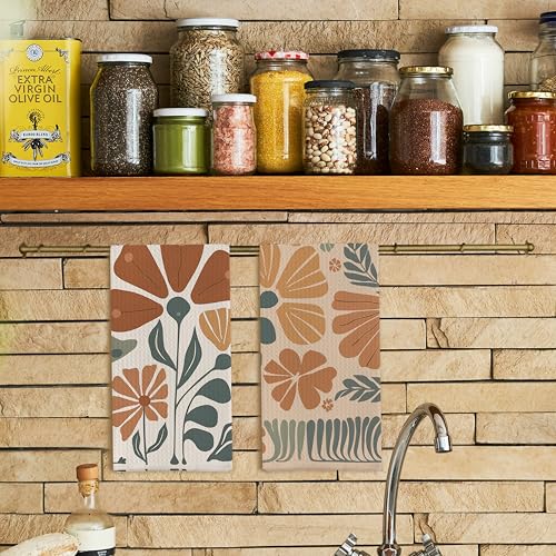 Abstract Boho Floral Kitchen Towels Set of 2, 70s Retro Groovy Dish Towels for Kitchen, Vintage Boho Hand Towels for Bathroom, 16x24 Inches - color: Patterned