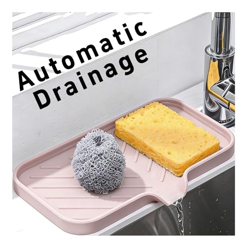 9.4” x 5.9” Silicone Soap Dish with Self-Draining Spout, Multi-Purpose Kitchen Bathroom Sink Organizer Tray for Bar Soap, Sponge, Dispenser Bottle Counter Storage, Pink - color: Pink, size: 9.4” x 5.9”