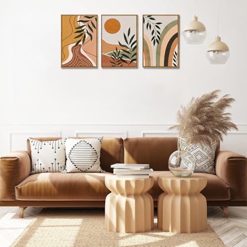 Bwodke Boho Wall Art, Framed Abstract Sun Wall Art, Botanical Canvas Wall Decor, Mid Century Line Leaf Geometric Pictures Set of 3, Minimalist Paintings, for Bedroom Living Room Bathroom 16"x24" - color: Sun Leaf, size: 16"x24"Natural