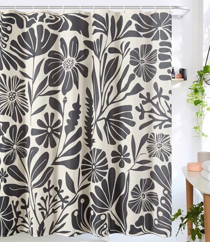 RoomTalks Black Vintage Floral Faux Linen Shower Curtain Extra Long 78 Inch - 210GSM Heavy Duty Modern Farmhouse Country Rustic Matisse Plants Botanical Shower Curtain Set - color: Black and Beige, size: 72"W x 78"L (Pack of 1)