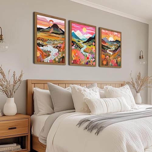 Wood Framed Boho Colorful Landscape Canvas Wall Art Set of 3 - Abstract Mountain Wall Decor Paintings, Nature Floral Poster Prints Aesthetic Home Decor for Living Room Bathroom Bedroom 16x24 inch - color: Colorful Boho, size: 16x24Inch Framed
