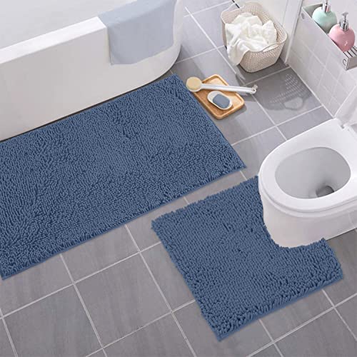 Bathroom Rugs Sets 2 Piece, Luxury Chenille Bath Mat Set, Soft Plush Anti-Slip Bath Rug + U-Shaped Toilet Mat. Microfiber Shaggy Carpet, Super Absorbent (24” x 36” & 20” x 24” U, Medium Blue) - color: Medium Blue, size: 2 Piece Set - Large