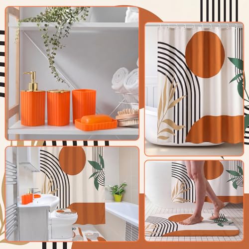 Patelai 10 Pcs Boho Mid Century Bathroom Accessories Set Orange Shower Curtain and Rugs Modern Minimalist Farmhouse Bathroom Decor Trash Can Soap Dish Toilet Lid Cover Toothbrush Holder Cup for Home - color: Orange, style: Boho