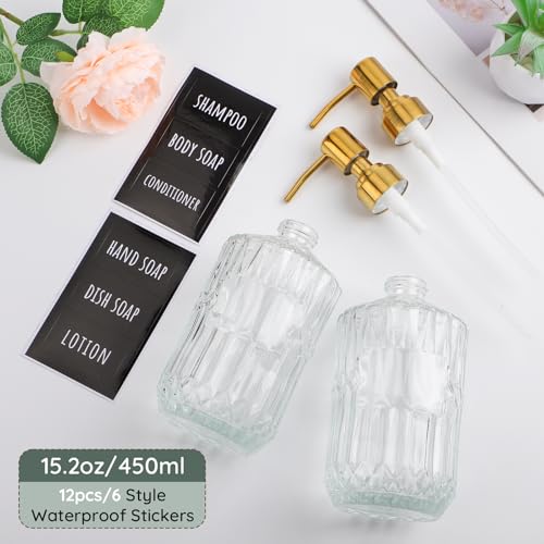 Segbeauty 15.2oz Glass Hand Soap Dispenser Bathroom, 2pcs Clear Glass Pump Dispensers for Countertop, 450ml Gel Lotion Liquid Bottles with Stainless Steel Pump, Body Wash Shampoo Conditioner Container - color: Clear Gold, size: 15.2oz/450ml