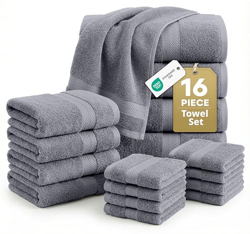 LANE LINEN 100% Cotton Towels Set for Bathroom - 16 Piece Family Pack - Soft, Absorbent & Quick Dry - 4 Bath, 8 Washcloths, 4 Hand Towels - OEKO TEX Certified, Machine Washable & Durable - Cool Grey - color: 03: Cool Grey