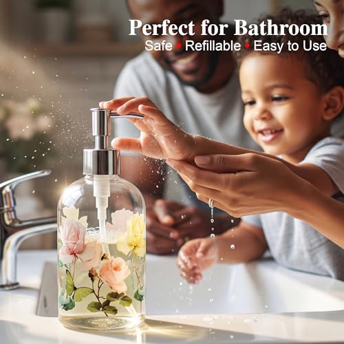 Topadorn 17oz Glass Soap Dispenser with Pump, Refillable Hand Soap Dispenser for Bathroom & Kitchen, Vintage Rose & Butterfly Floral Design, Decorative Farmhouse Countertop Decor - color: Yellow Flower